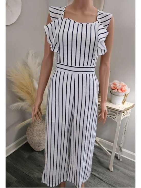 Pink Lily Pants - Striped White & Navy Wide-Leg Jumpsuit